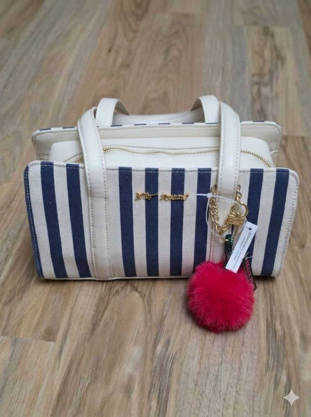 🔸️NWT Betsey Johnson Blue Striped East West Shoulder Purse & Cherries Charm